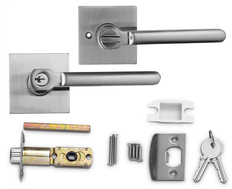 Berlin Modisch Entry Lever Door Handle Lock and Key Slim Square Locking Lever Set [for Front Door or Office] Reversible for Right & Left Sided Doors Heavy Duty â€“ Satin Nickel Finish - Image 2